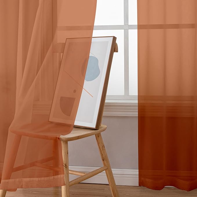 Chyhomenyc Burnt Orange Sheer Curtains 84 Inch Length 2 Panels, Light Filtering Soft Airy Voile Rod Pocket Sheer Window Drapes for Bedroom Living Room, Each 42Wx84L Inches