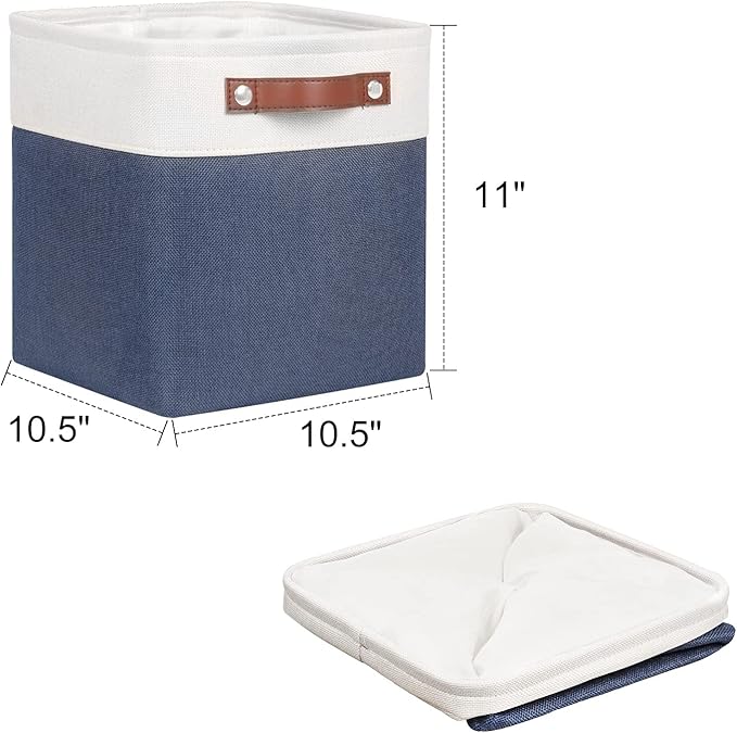Univivi Fabric Cube Bins Set of 4 Storage Baskets with PU Handles for Home Closet Foldable Storage Bins (Blue, 10.5" x 10.5" x 11")