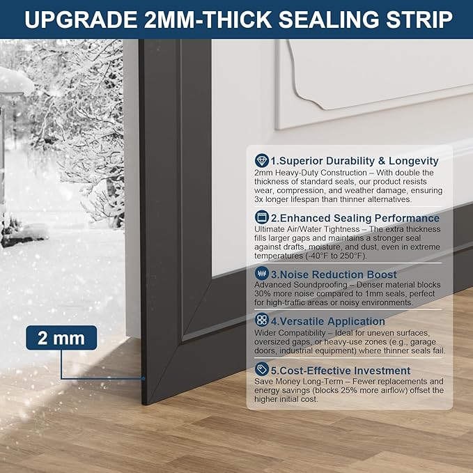 Heavy-Duty 10 ft x 3 in Weather Stripping, Extra Thick 2mm Door Draft Stopper Silicone Seal Strip for House and Glass Shower Doors for Collision and Side Gaps of Door and Windows, Black