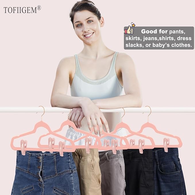 Light Pink Velvet Hangers Clips 20 PCS, Non-Slip Velvet Clip for Pant Skirt Velvet Hangers, Strong Flocking Hangers Clips