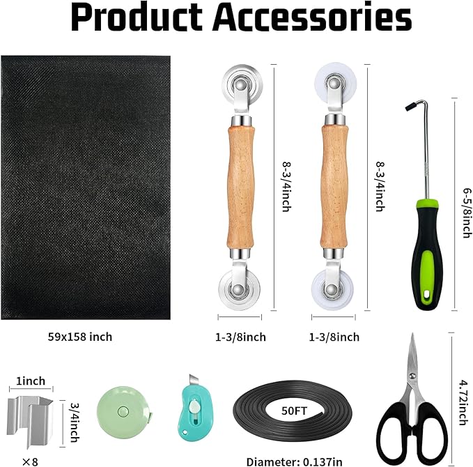 Window Screen Replacement,Screen Door Repair Kit, 59"x158" Black Window Screen Mesh,Including 50 FT Splines+Hooks+2 Rollers+8 Clips+Scissors+Knife+Tape Measure,Fully Equipped Window Screen Repair Kit