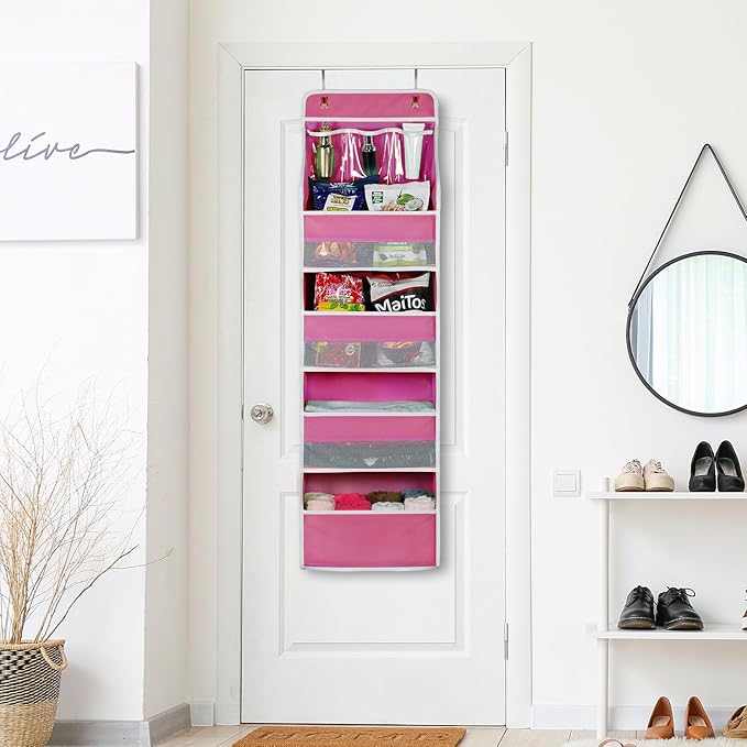 Univivi 5-Shelf Fabric Door Storage Over Door Hanging Organizer with 4 Large Pockets and 3 Small PVC Pockets Nursery Closet Cabinet Wall Mount Hanging Storage Organizers for Baby Nursery (Pink)