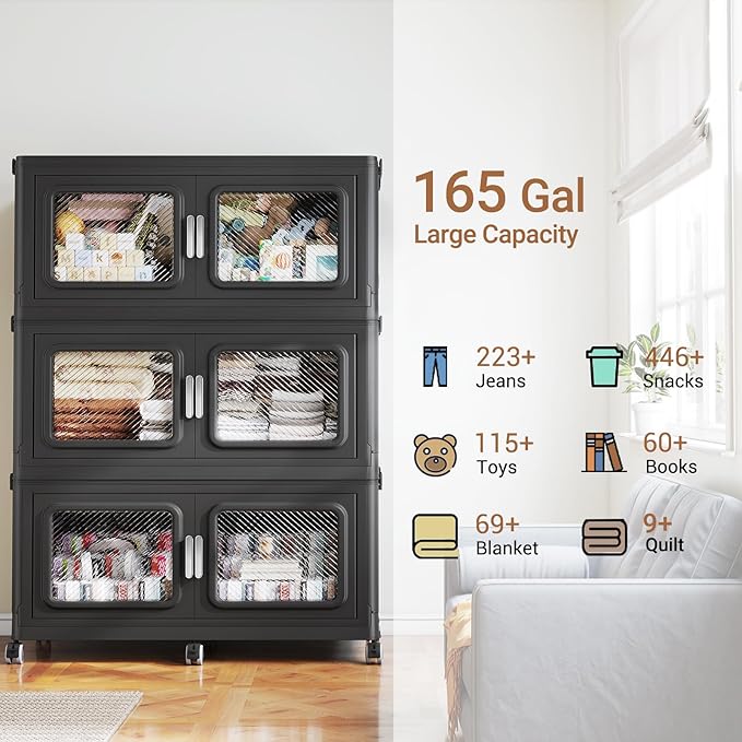 BROVIEW 660 Qt Stackable Storage Bin with Lids, 165Gal Extra Large Collapsible Storage Boxes, Folding Plastic Drawer, Heavy-Duty Store Cabinet, Closet Organizer for Home Kitchen, 3 Pack Black