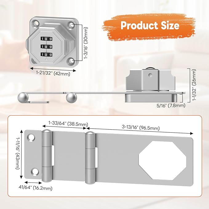90 Degree 3-Digit Combination Cabinet Lock, Zinc Alloy Keyless Folding Hasp Lock Latch, Password Security Rotary Door Latch for Office File Cabinet, Drawer, Locker, Cupboard (2, Silver)