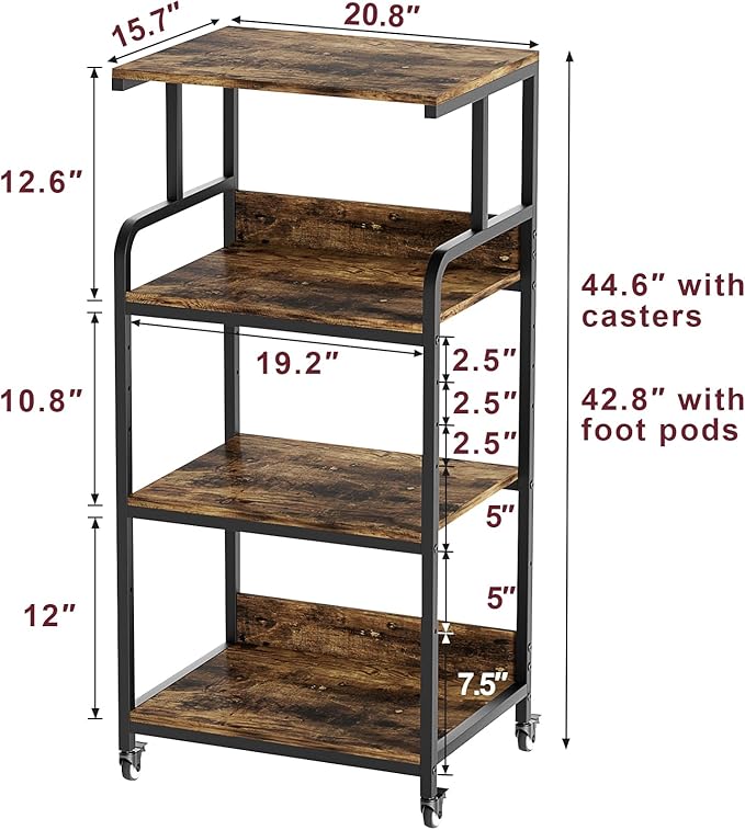4 Tier Printer Stand with Storage Shelf, Large Tall Printer Table for Home Office, Movable Printer Cart with Industrial Wheels for Paper Shredder Scanner Fax Heat Press Small Space (Rustic Brown)