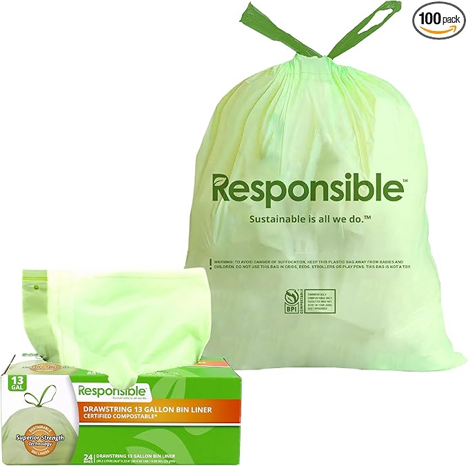 Responsible Products Kitchen Bin Liners, Certified Compostable, Heavy Duty Multipurpose Food Scrap Bags, Made from Compostable Materials (13 Gallon Drawstring, 13 Gallon (24 Count))