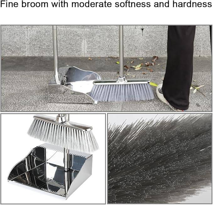 Broom and Dustpan Set,Soft Bristles Indoor Kitchen Broom with Stainless Steel Dustpan ，Metal Dust Pan，Silvery White, Suitable for Ceramic Tiles, Solid Wood, Composite Flooring