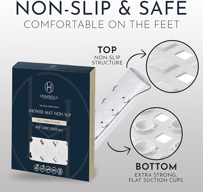 Homerella Anti Slip Shower Mat | Anti Mold Non Slip Bathtub Mat for Inside Shower | Square Floor Shower Mat 21 x 21 inch with Suction Cups for Grip & Hooks Hanging and Quick Drying | Machine Washable