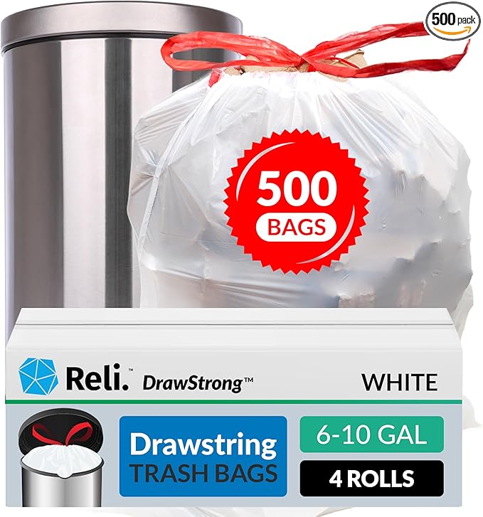 Reli. 6-10 Gallon Trash Bags Drawstring | 500 Count Bulk | 22"x23" | 6, 8, 10 Gallon Drawstring Garbage Bags | White Trash Can Liners | Small - Medium