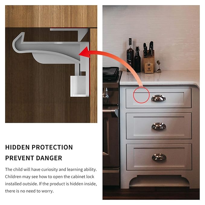 Cupboard Locks for Children - Child Safety Locks, Baby Proofing Drawer Kit Latches - No Drilling - Non Magnetic Child Proof Kitchen Cabinet Lock for Babies - Childproof - 10 Pack