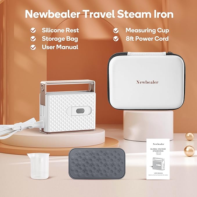 Newbealer Travel Steam Iron for Clothes, Global Voltage 100-240V Handheld Steamer, 293℉ Dry Ironing, Non-Stick Ceramic Soleplate, Horizontal & Vertical Steaming, Auto-off, Silicone Rest & Zipper Bag