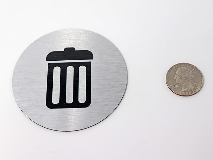 Metal Trash & Recycling Signs | Garbage & Recycling Bin Marker | Set of 2 - 1 Black Trash Sign & 1 Green Recycle Sign | 3" Round, Brushed Silver Aluminum Signs | Made in USA
