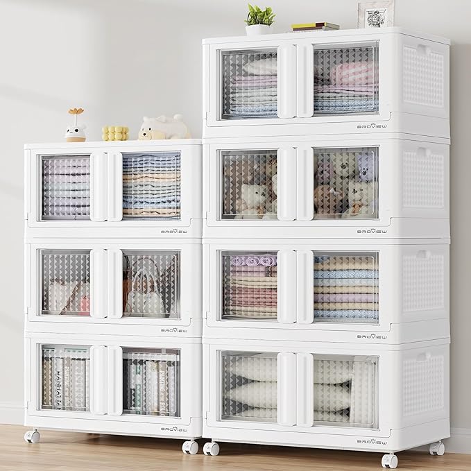 BROVIEW 140Gal Stackable Storage Bins with Lids & Wheels, 560Qt Plastic Collapsible Closet Organizer and Storage Drawers, Storage Boxes Cabinets for Home, Office, 7 Pack, White