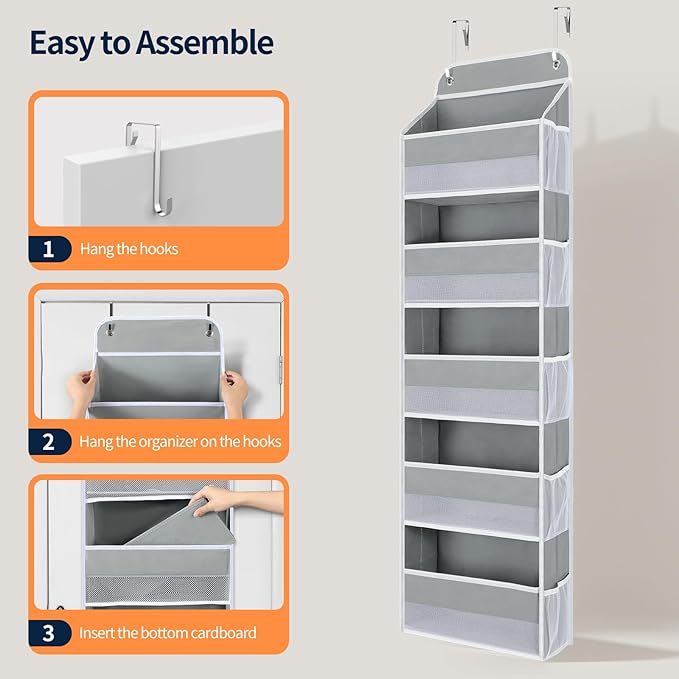 Yecaye Over The Door Organizer Storage, 5-Tier Heavy Duty Door Organizers Hanging with 10 Side Mesh Pockets, 44 lbs Load Capacity Behind Door Storage for Bathroom Nursery Bedroom Dorm Closet, Grey