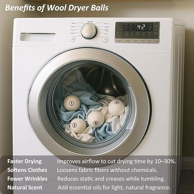 Sheep Wool Dryer Balls 6 Pack L(2.3") Premium Natural Fabric Softener, Reusable Laundry Dryer Balls for Reducing Drying Time, Static and Wrinkles, Eco-Friendly – 100% New Zealand Wool