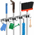 ZONGOOL 4 Racks and 5 Hooks Broom Holder Wall Mount Mop Hanger Wall Mounted Mop and Broom Storage Tool Rack Stainless Steel Garage Organization Garden Kitchen Home Laundry Organizer (Silver)