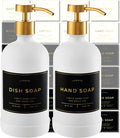 16oz Glass Soap Dispenser with Stainless Steel Pump, 21 Waterproof Labels, Non-Slip Protective Silicone Pad, Set of 2 for Bathroom & Kitchen (Matte White Bottle/Brushed Gold Pump)