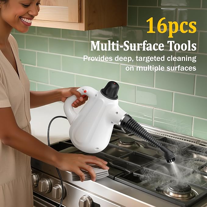 Pressurized Handheld Steam Cleaner with Steam Lock Button & 16 PCS Accessories, Portable Natural Steamer for Deep Cleaning Grout, Tile, Windows, Bathrooms, Kitchens, Car, Fabric for Home Use