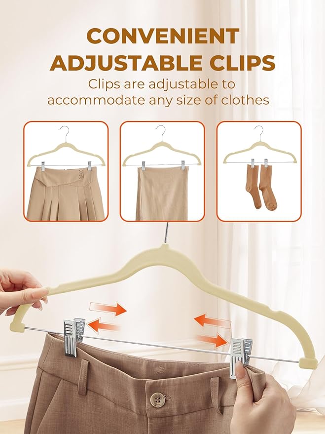 HOUSE DAY Velvet Skirt Hangers 24 Pack, Beige Velvet Pant Hangers with Adjustable Clips, Space Saving Slim Shorts Hanger, Heavy Duty Non Slip Clip Hanger for Pants, Skirts, Shorts
