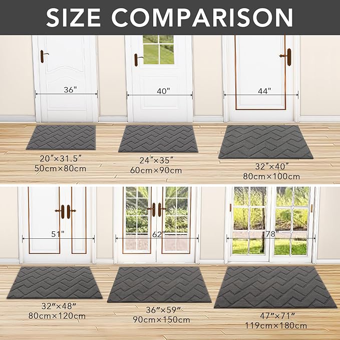 hicorfe Front Door Mat Outside Entrance,36"x59" Absorbent Muddy Dirt Resist Welcome Door Mats Outdoor Indoor,Stain and Fade Resistant,Non Slip Backing Entry Mat Doormat for Entryway(Grey)