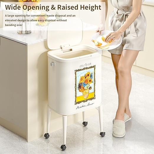 MRBIN Metal Kitchen Trash Can with Wheel Legs, 36L / 9.5gal Medium Press Lid Slim Waste Basket, Pet Proof Tall Narrow Garbage Pail for Vanity, Bedroom, Bathroom, Living Room, Sunflower