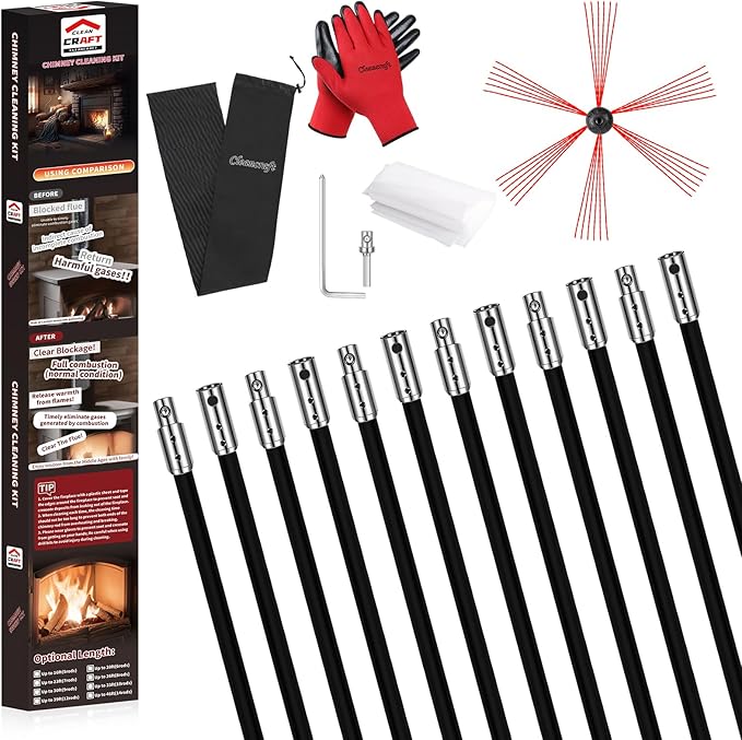 39 Feet Chimney Sweep Kit, Chimney Cleaning Kit with 12 Flexible Black Chimney Rods, Chimney Brush for Sweeping Fireplace, Rotary Chimney Cleaning System Driven by Drill