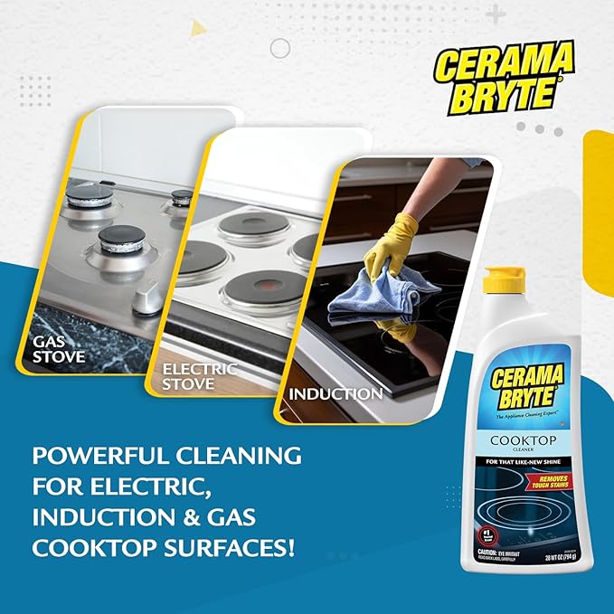 Cerama Bryte Glass Cooktop and Stove Top Cleaner Combo Kit - Includes Cleaning Tool, Razor, Scraper and 1 Pad to Remove Tough Stains - Use on Gas, Electric, Ceramic Surfaces, 18 Ounces, 4 Piece