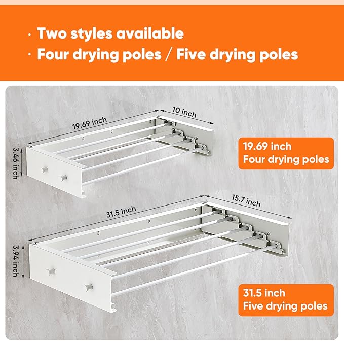 Clothes Drying Rack 20 inches Foldable Wall Mount Laundry Rack Folding Indoor Drying Rack Clothing Collapsible Hidden Space Saver with Wall Template 6 Rods White