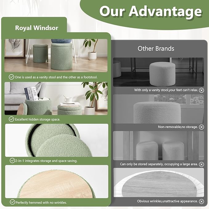Boucle Round Ottoman with Storage Set of 2,Small Foot Stool Ottoman for Living Room,Small Coffee Table, Vanity Stool with Storage for Bedroom, Green