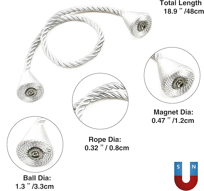 6 Pack Magnetic Curtain Tiebacks Rope Modern Handmade Curtain Tie Backs Decorative Drapes Weave Holdbacks for Window Décor, Silver