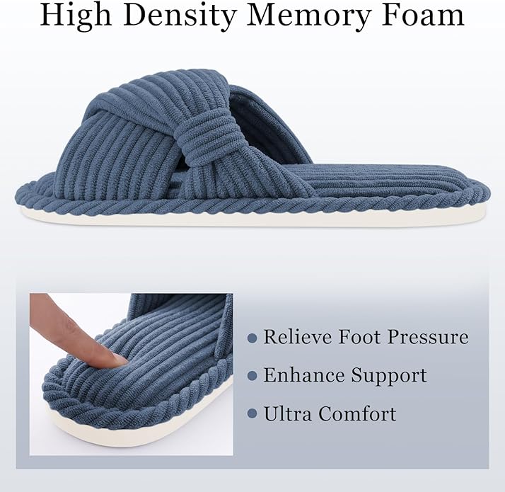 Evshine Summer House Slippers for Women Corduroy Cross Bow Indoor Slippers Open Toe Slip On Bedroom Shoes with Memory Foam