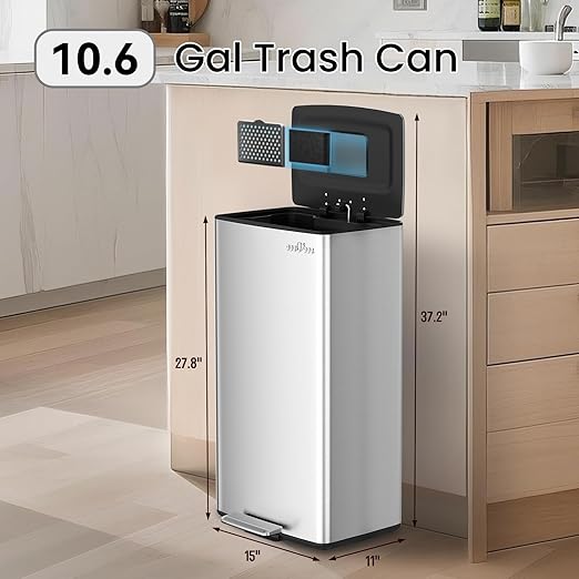 mVm 10.6 Gallon Kitchen Step Trash Can, Soft-Close and Foldable Foot Pedal Heavy Duty Bin for Offices Dorms Home Rooms (Gray)