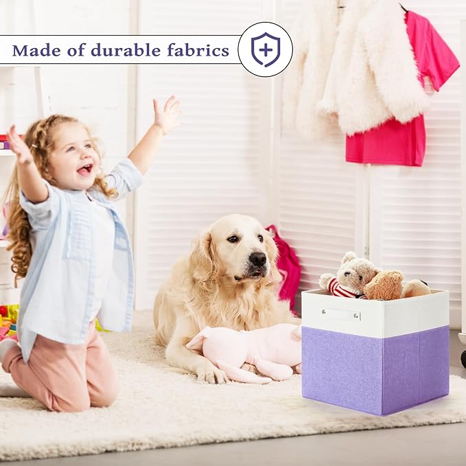 13 x 13 Inch Fine Linen Storage Bins with Handles，Fabric Cube Boxs，Collapsible Basket Organizers for Shelves for Home, Closet Drawers (White/Purple-4 Pack)