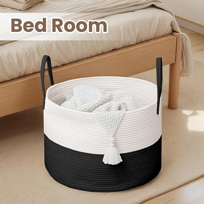 Woven Blanket Basket,115L Large Rope Storage Bin with Handles, Organizer for Blankets Toys Book and Clothes, Laundry Basket for Living Room Bedroom Nursery,White&Black
