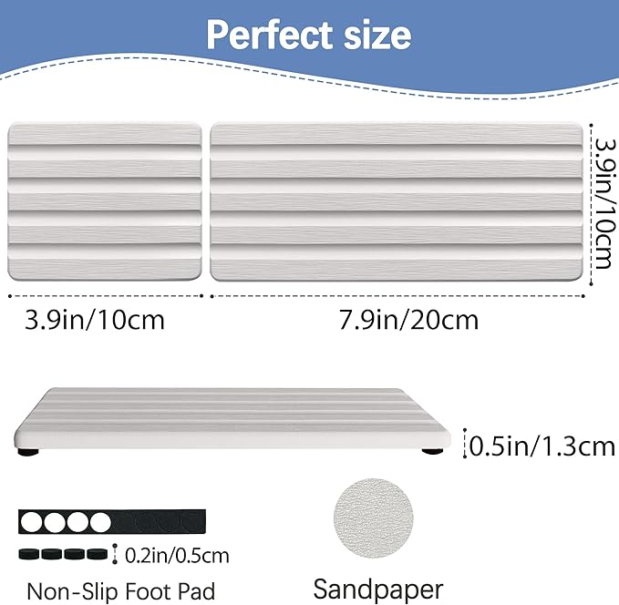Set of 3 Diatomite Hand Soap Holder, Water Absorbing Stone Tray for Kitchen Countertop, Fast-Drying Bathroom Trays(1pcs 20 x 10cm + 2pcs 10 x 10cm White)
