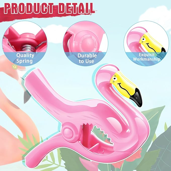 4 Pieces Beach Towel Clip Jumbo Size Chair Clips Towel Holder Clothes Pegs Christmas Stocking Clamp for Cruise Patio Pool Holiday Vacations(Flamingo, Coconut Palm,Pink, Green)