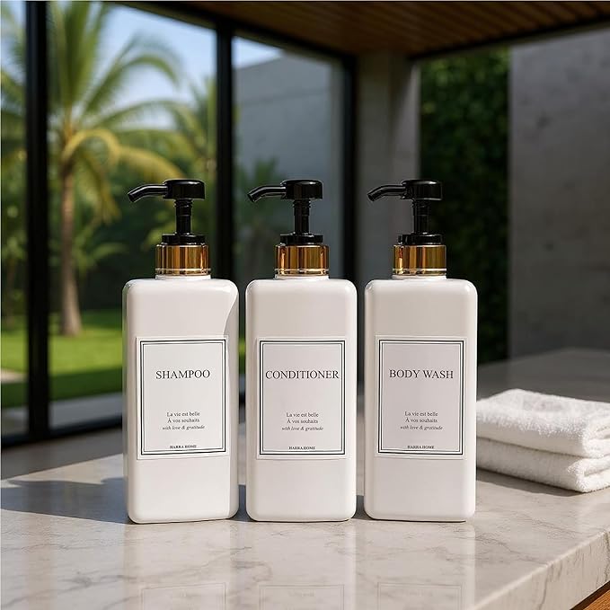 Modern Gold Design Large 27 oz Shampoo and Conditioner Dispensers - Empty Plastic Refillable Pump Bottle Set for Bathroom Shower Soap Dispenser, Set of 3 (Black)