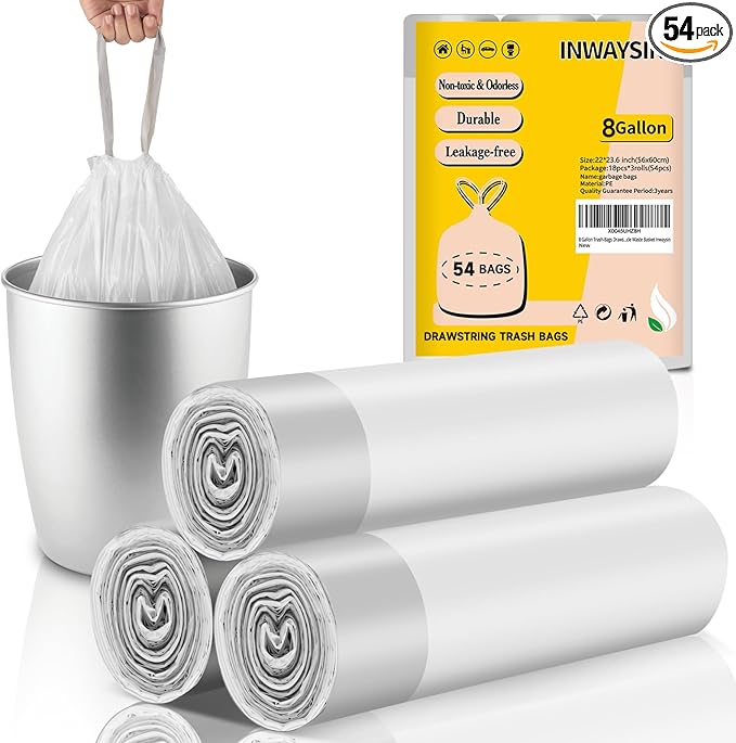 8 Gallon Trash-Bags Drawstring Kitchen-Garbage-Bag Unscented - White Plastic 54 Count Recyclable Restroom Liners Strong Compactor Can Tall Large Recycle Waste Basket Inwaysin