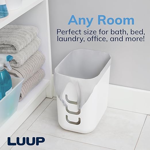 STORi Luup Bathroom Wastebasket, Secure Grocery Bags, Plastic Garbage Container for Vanity, Laundry Room, Kitchen, Office, 2.5 Gallon, White, Made in USA