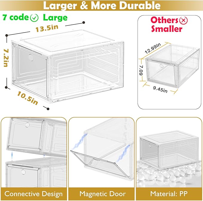 Thicken & Sturdy Clear Shoe Storage Organizer with Magnetic Door, Stackable Boxes for Closet, Foldable Space-Saving Shoe Rack for Sneaker Boot Container, Plastic Shoe Cabinet Shoe Box 6 Pack, White