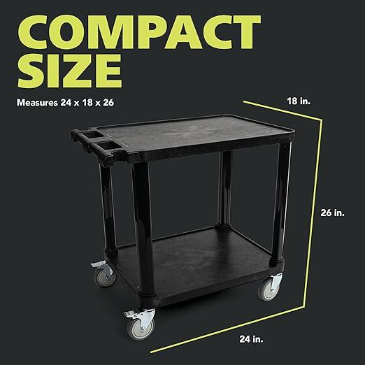 Pearington 2-Tier Compact Multi-Purpose Plastic Utility Cart with Lockable Wheels up to 150lbs, Black