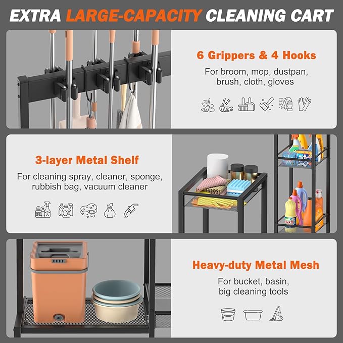 Broom Holder with Cleaning Supplies Organizer, Broom Closet Storage Cabinet with Cleaning Caddy, Cleaning Cart with Mop Hanger Gripper Rack Hooks,Janitorial Cart,Utility Carts Household Essentials