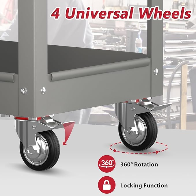 3 Tier Rolling Tool Cart on Wheels, Heavy Duty Industrial Utility Cart Service Cart with Drawer and Screwdriver Rack Pegboard, 550 LBS Mobile Tool Storage Organizer for Workshop, Garage(Gray)