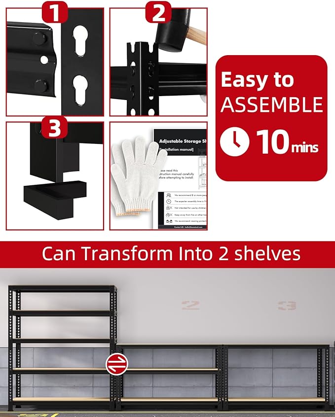 PrimeZone 36" x 16" x 72" Heavy Duty Storage Shelves - 5 Tier Adjustable Garage Storage Shelving, Metal Storage Utility Rack Shelf Unit for Warehouse Pantry Closet Kitchen, Black, 2 Pack