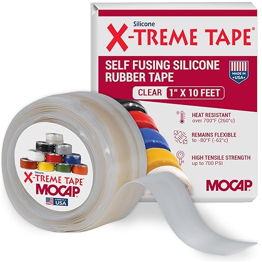 X-Treme Tape MOCAP Heavy Duty Electrical Tape, Self-Fusing Silicone Rubber, Waterproof & Insulating Flexible Tape, Electrical for Hose, Automotive, Outdoor & Repairs - 1" x 10ft Roll - Clear