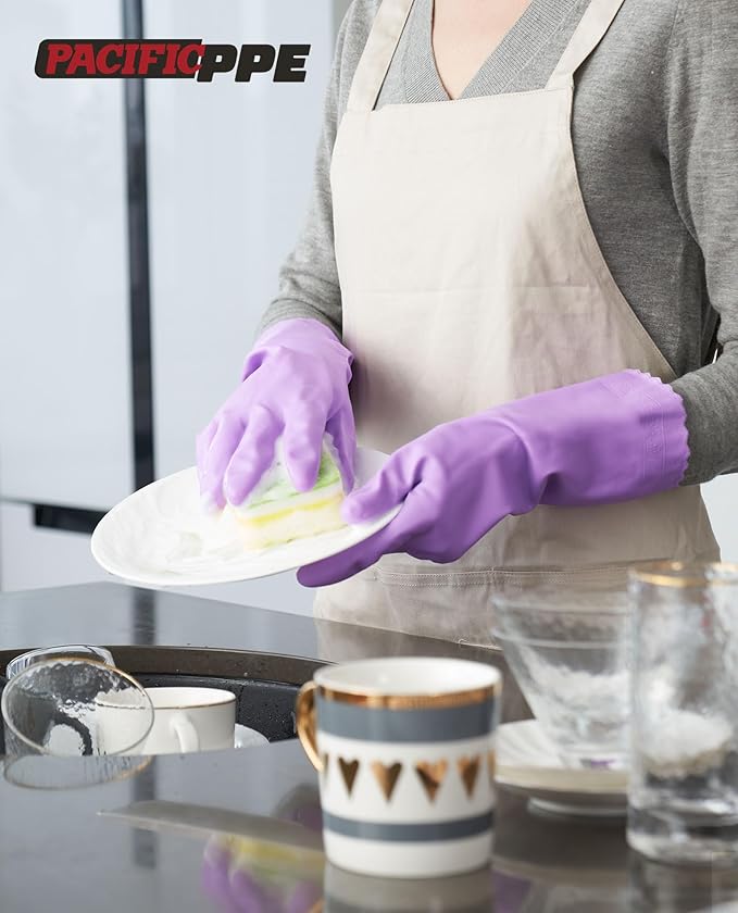 PACIFIC PPE 2 Pairs Reusable Dishwashing Cleaning Gloves with Latex Free, Cotton Lining, Kitchen Gloves, Purple, Large