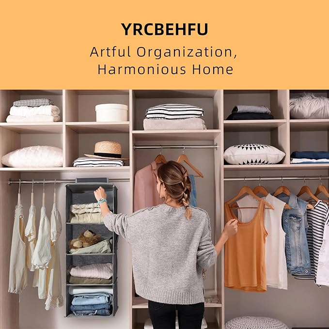 2 Packs Hanging Closet Organizer Storage, 6-Shelf Hanging Shelves Clothes Organizer and Storage with Side Pockets, Beige