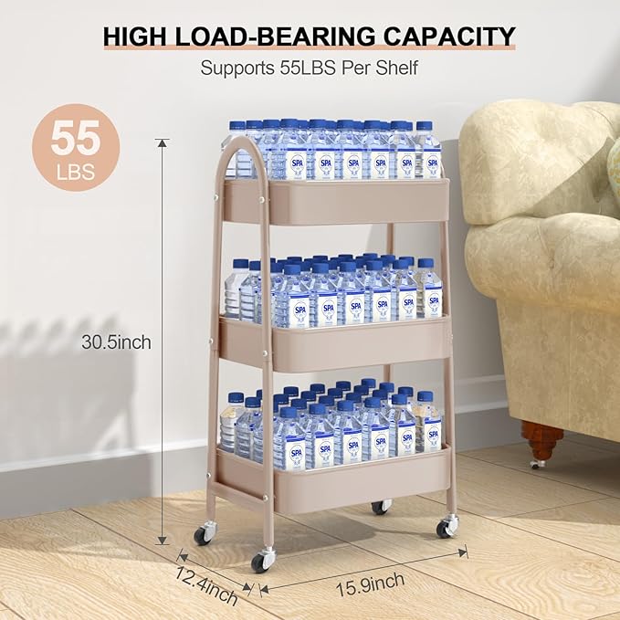 EAGMAK 3 Tier Utility Rolling Cart, Metal Storage Cart with Handle and Lockable Wheels, Multifunctional Storage Organizer Trolley with Mesh Baskets for Kitchen, Living Room, Office, Garage (Beige)