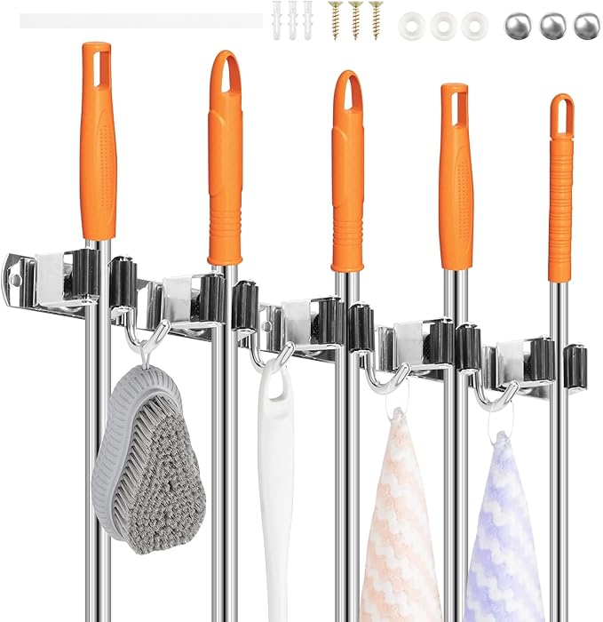 5Pcs 5 Racks 4 Hooks Stainless Steel Broom Mop Holder Anti Slip Wall Mount Broom Storage Rack Strong Load Bearing Waterproof Mop Broom Organizer for Bathroom Kitchen Garage