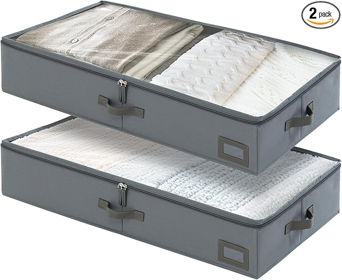 6-Inch Under Bed Storage Containers (2-Pack) | Sturdy Sidewalls | Clear Cover & Label Holder | Foldable Closet Organizer | Stores Clothing/Blankets/Sweaters/Sheets